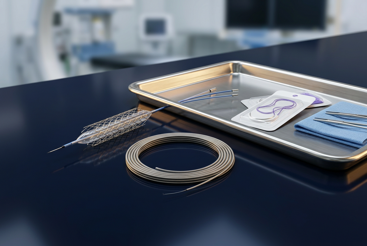 Authorised medical supplies — coronary stent, guidewire and sutures on a sterile tray